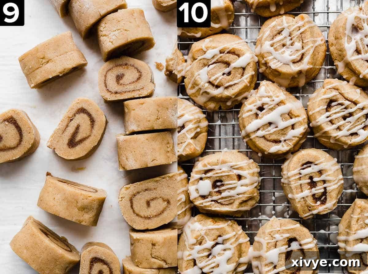 Two photos, left photo is Cinnamon Roll Cookies unbaked, on a white background, right photo is baked and glazed Cinnamon Roll Cookies on a wire cooling rack.