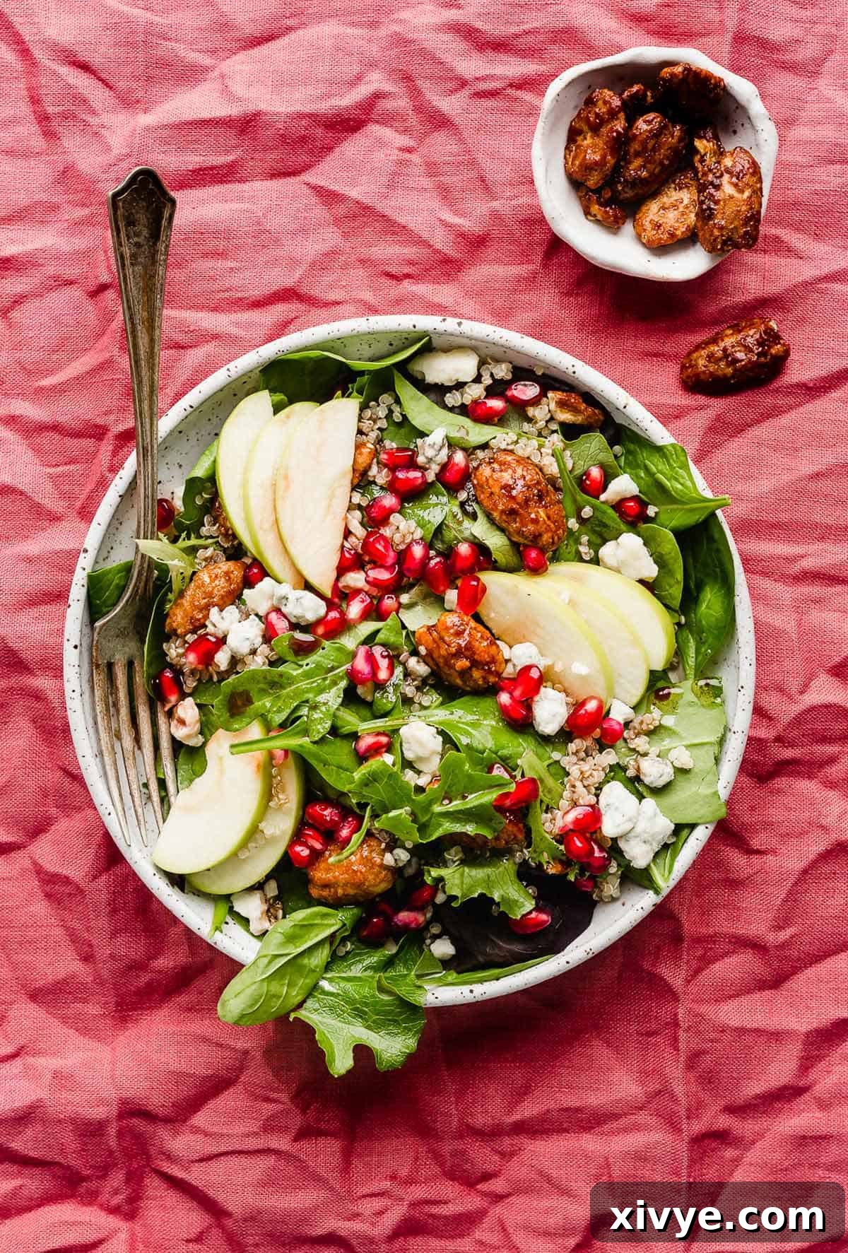 A beautifully presented Pomegranate Salad on a white plate, set against a rich, dark pink or red napkin, showcasing its vibrant colors and inviting textures.