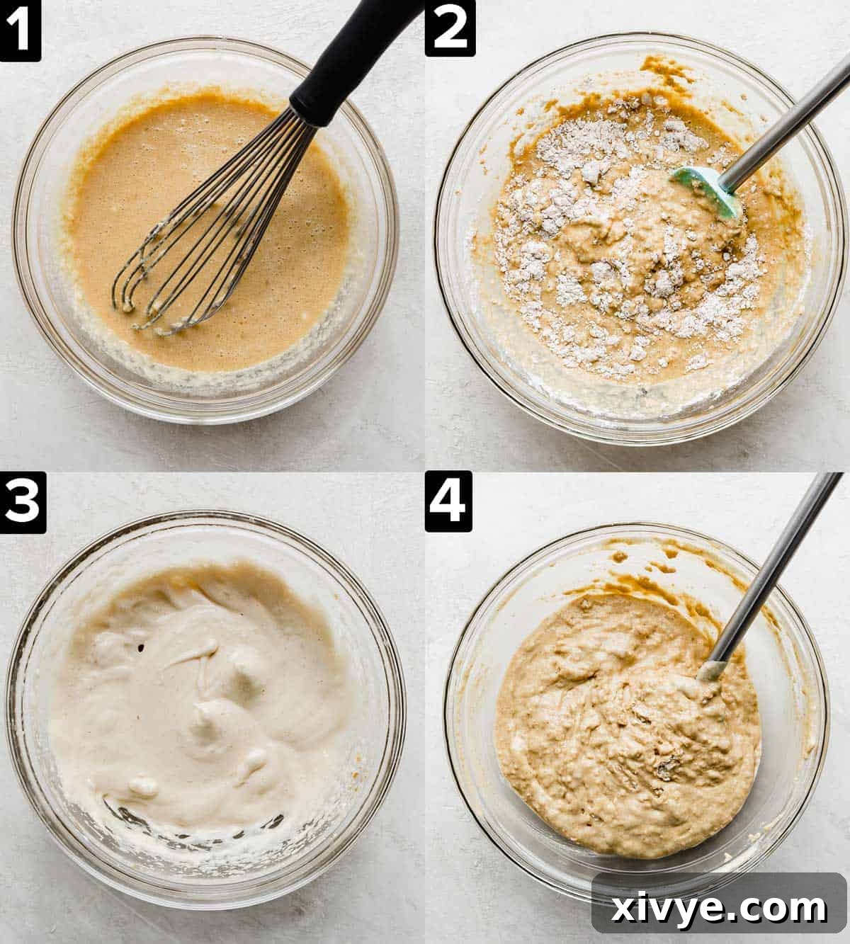 Four images showing the making of Gingerbread Waffle batter in a glass bowl.