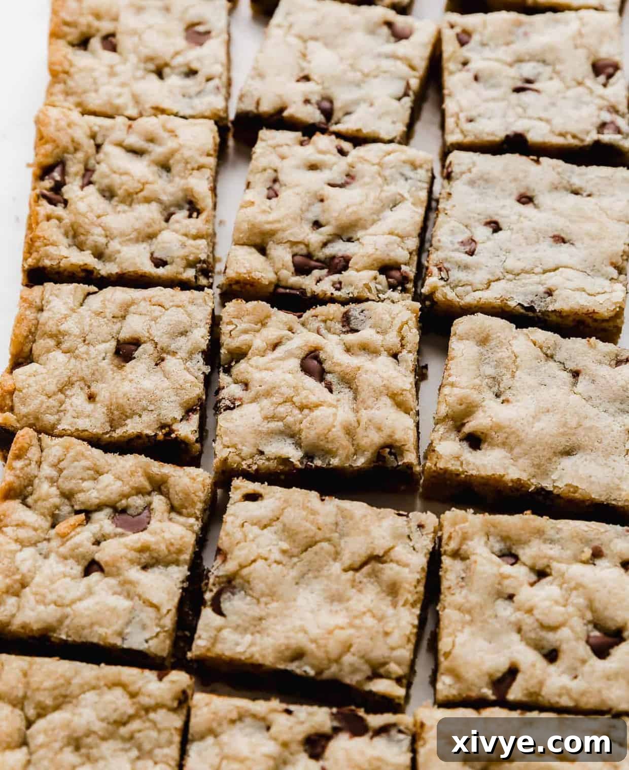 A side angle of Chocolate Chip Cookie Bars cut into squares.