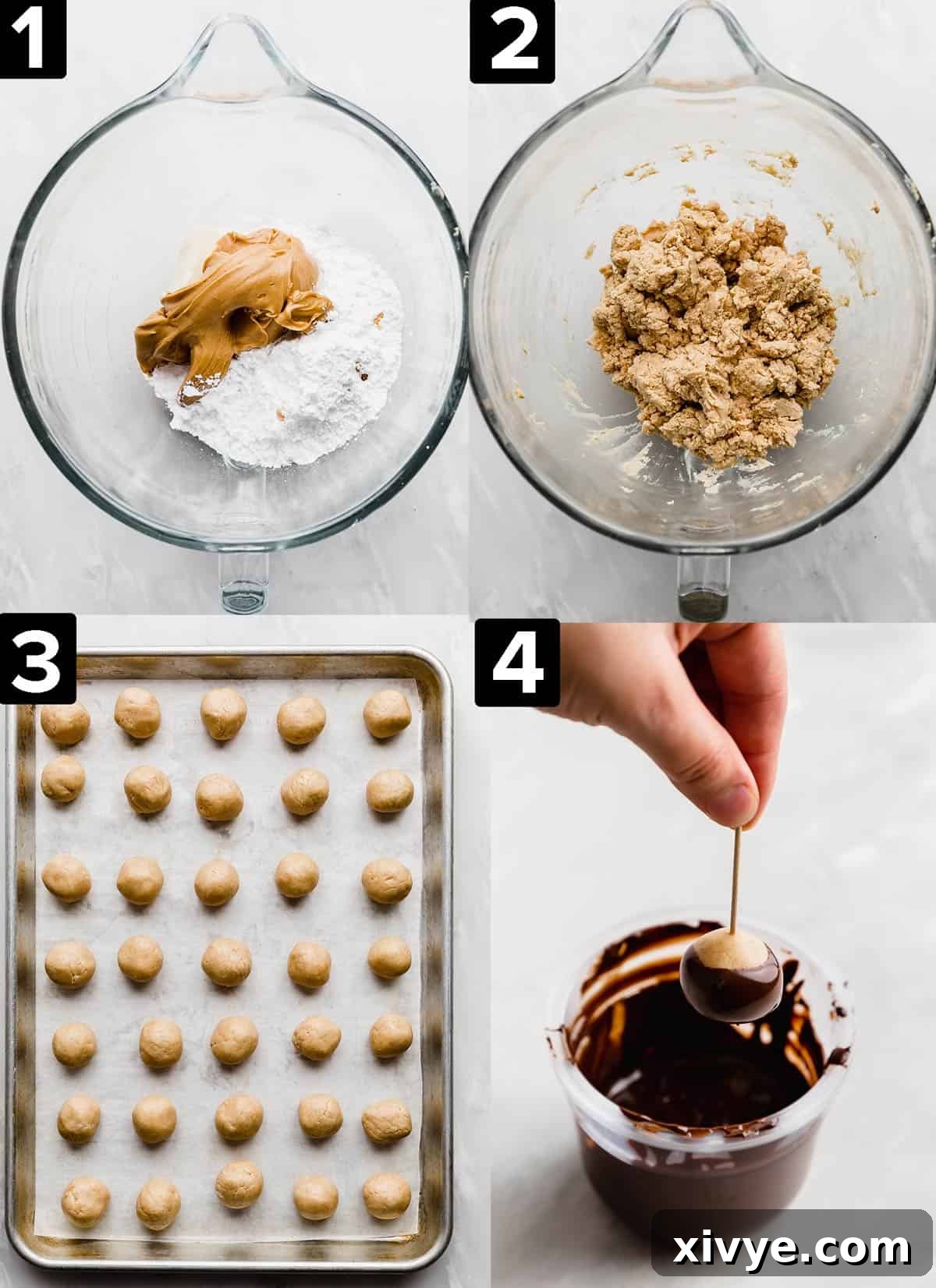 Four photos illustrating how to make chocolate peanut butter Buckeyes balls.