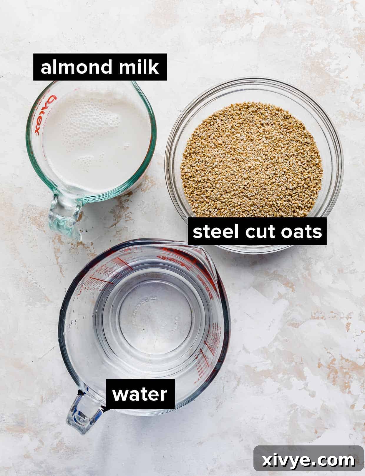 The Perfect Steel Cut Oats 4 Ingredients used to make steel cut oats; water, almond milk, and steel cut oats.