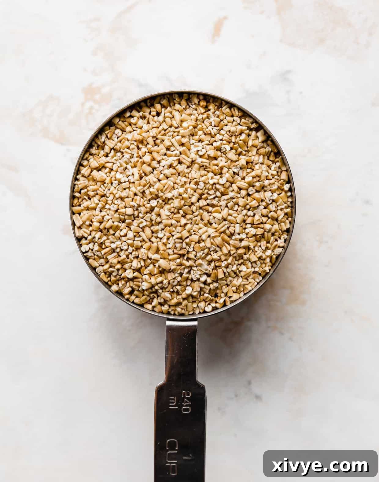 The Perfect Steel Cut Oats 8 A metal measuring cup full of raw steel cut oats.