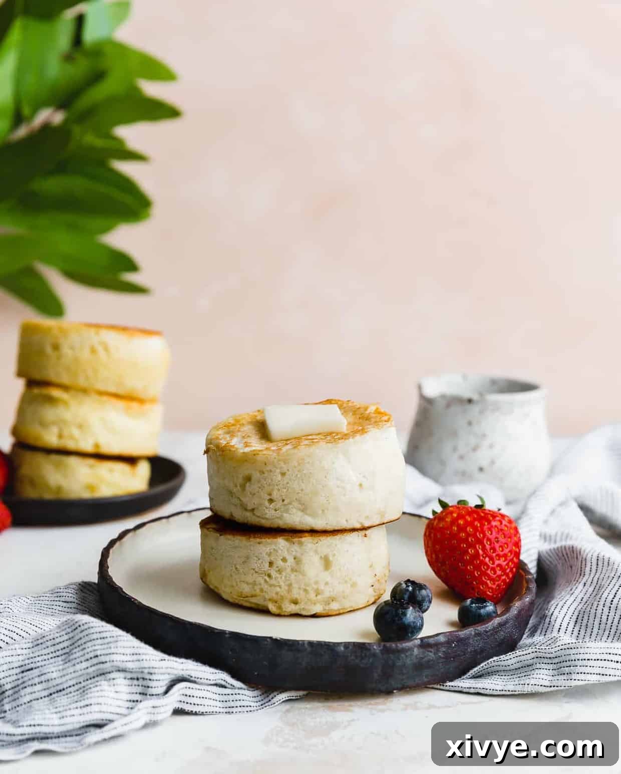 Japanese Soufflé Pancakes 2 A plate with 2 Fluffy Japanese Pancakes on it, against a soft pink background.