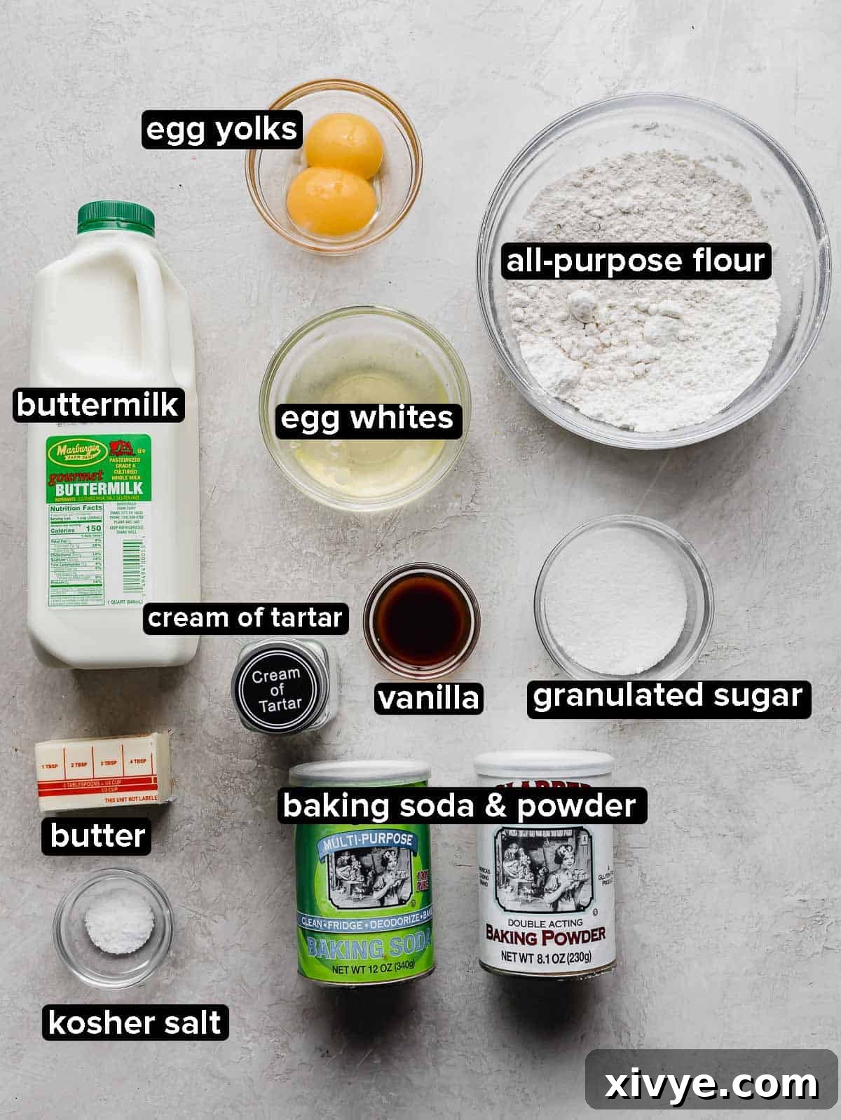 Japanese Soufflé Pancakes 3 Fluffy Japanese Pancakes ingredients on a light gray background.