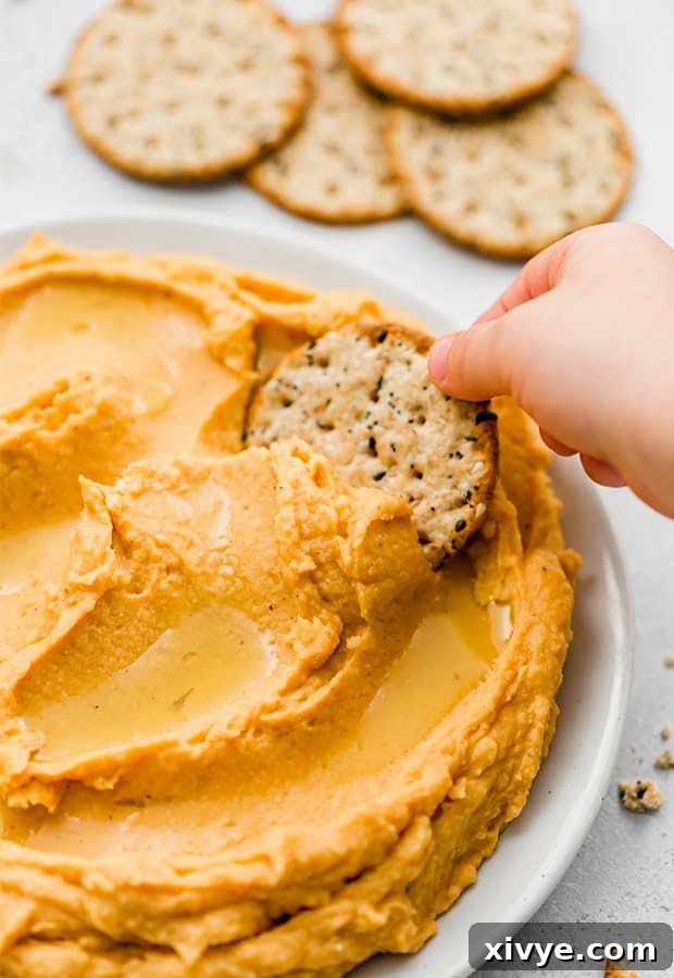 Strategic Eating: Week 2 3 A cracker dipping into Sweet Potato Hummus, showcasing its creamy texture.