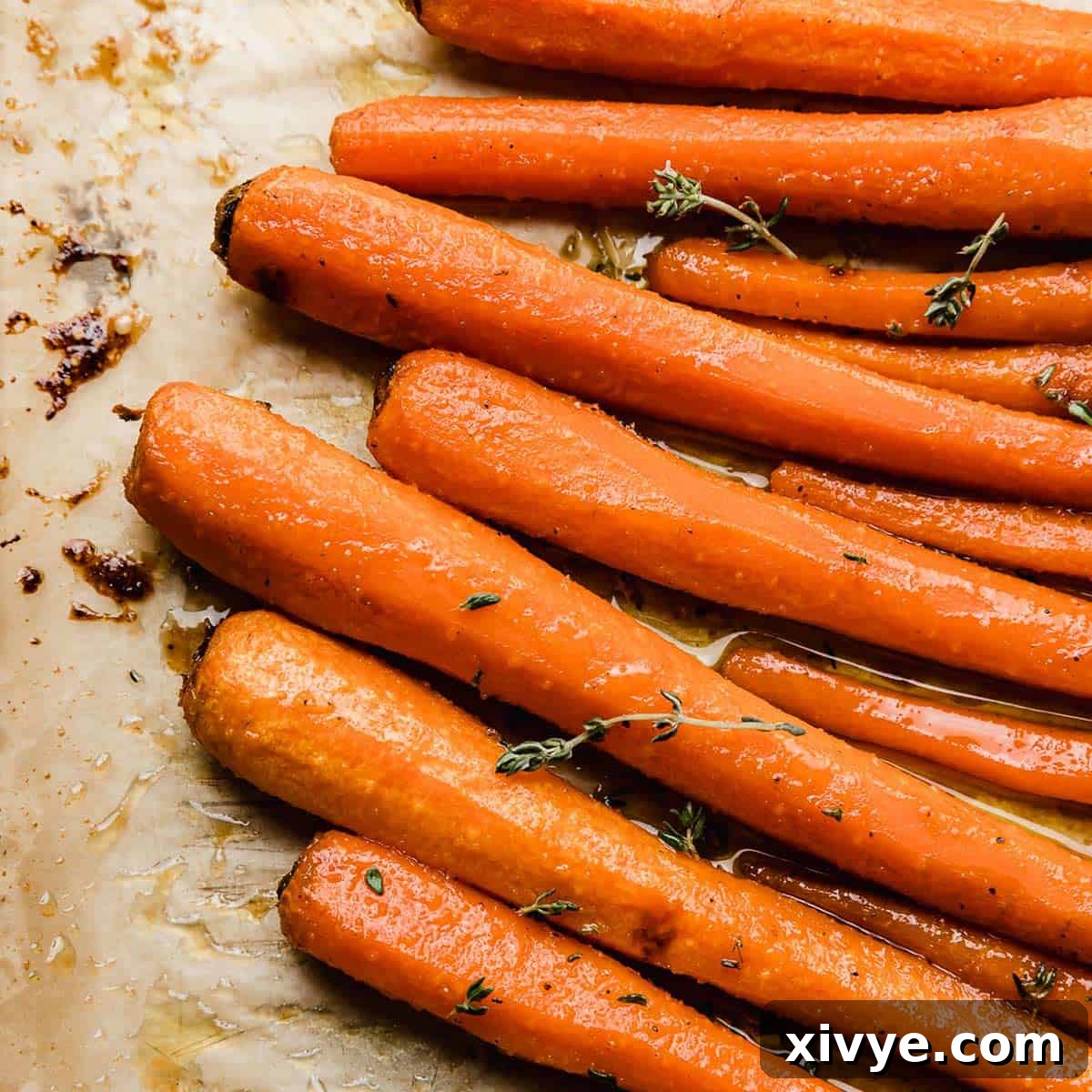 A close up photo of Brown Sugar Roasted Carrots on a tan parchment paper.