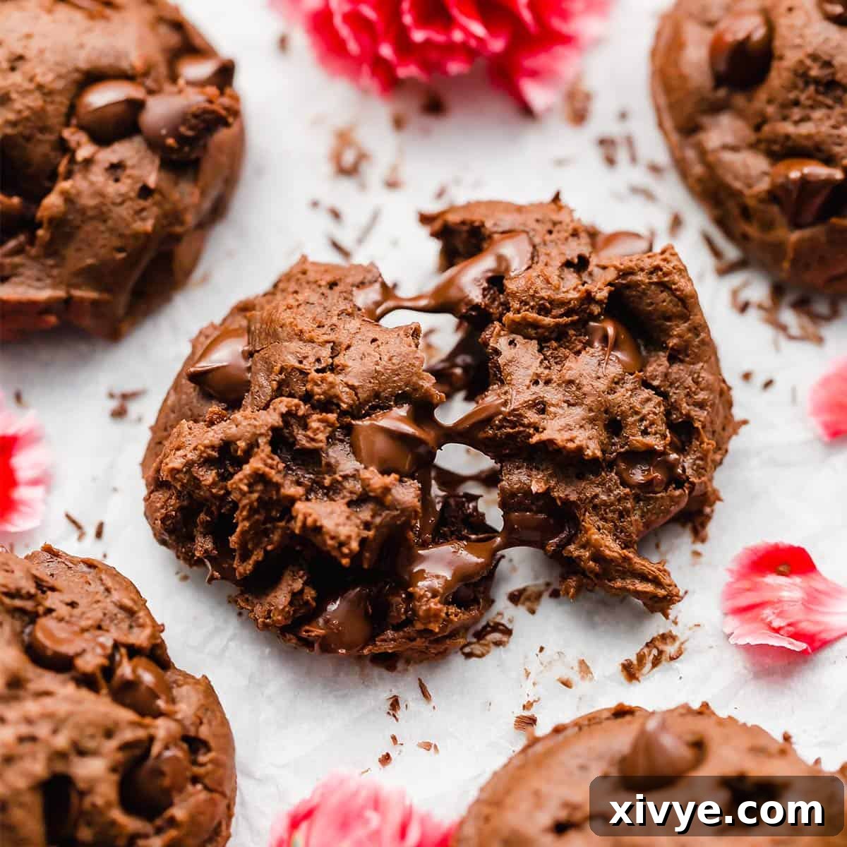 Festive Cookie Favorites Collection 18 A double chocolate chip cookie torn apart, revealing gooey chocolate chips inside.