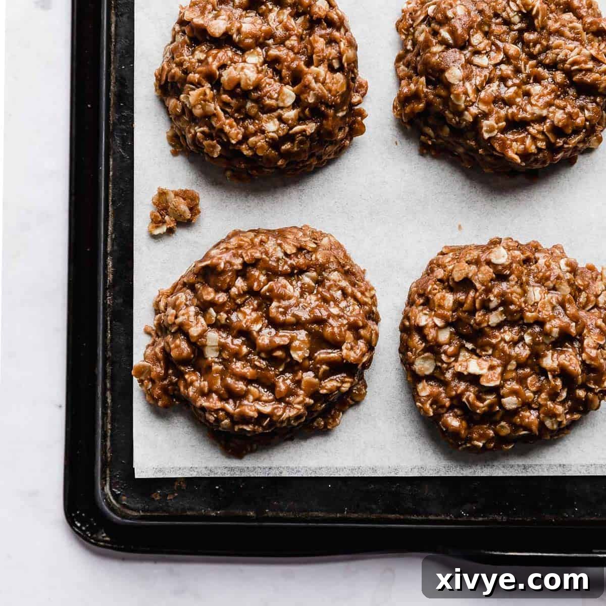 Festive Cookie Favorites Collection 19 A chocolate peanut butter oatmeal no bake cookie on white parchment paper.