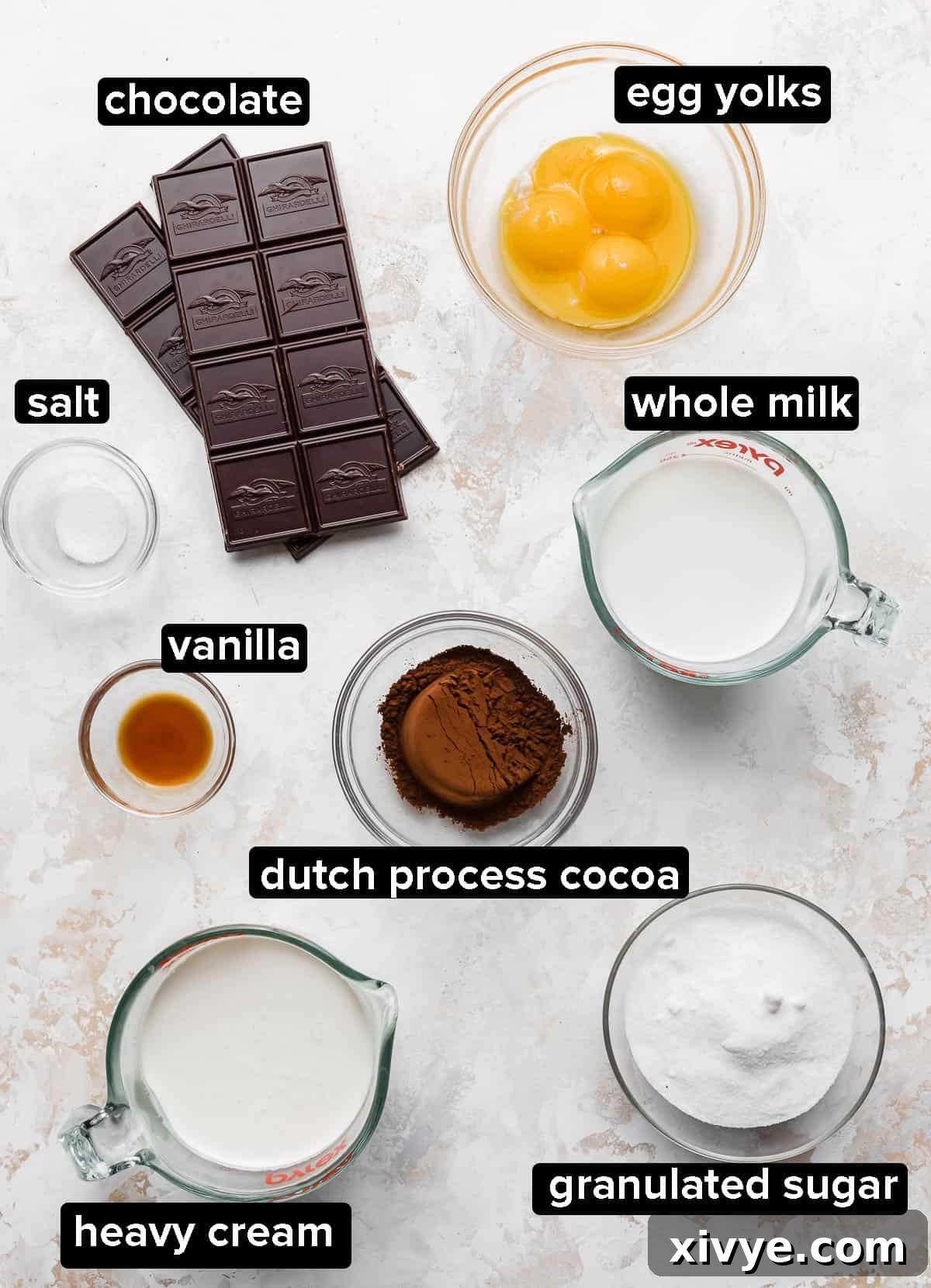 Homemade Dark Chocolate Ice Cream ingredients portioned into glass bowls on a white textured background, ready for precise measurement and preparation.