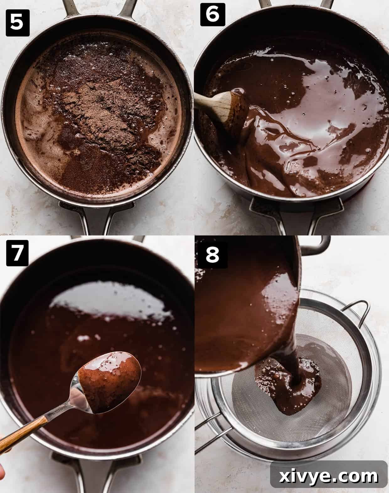 Four photos demonstrating how to make a rich and deep chocolate flavored ice cream, focusing on the custard thickening, straining, and chilling process.