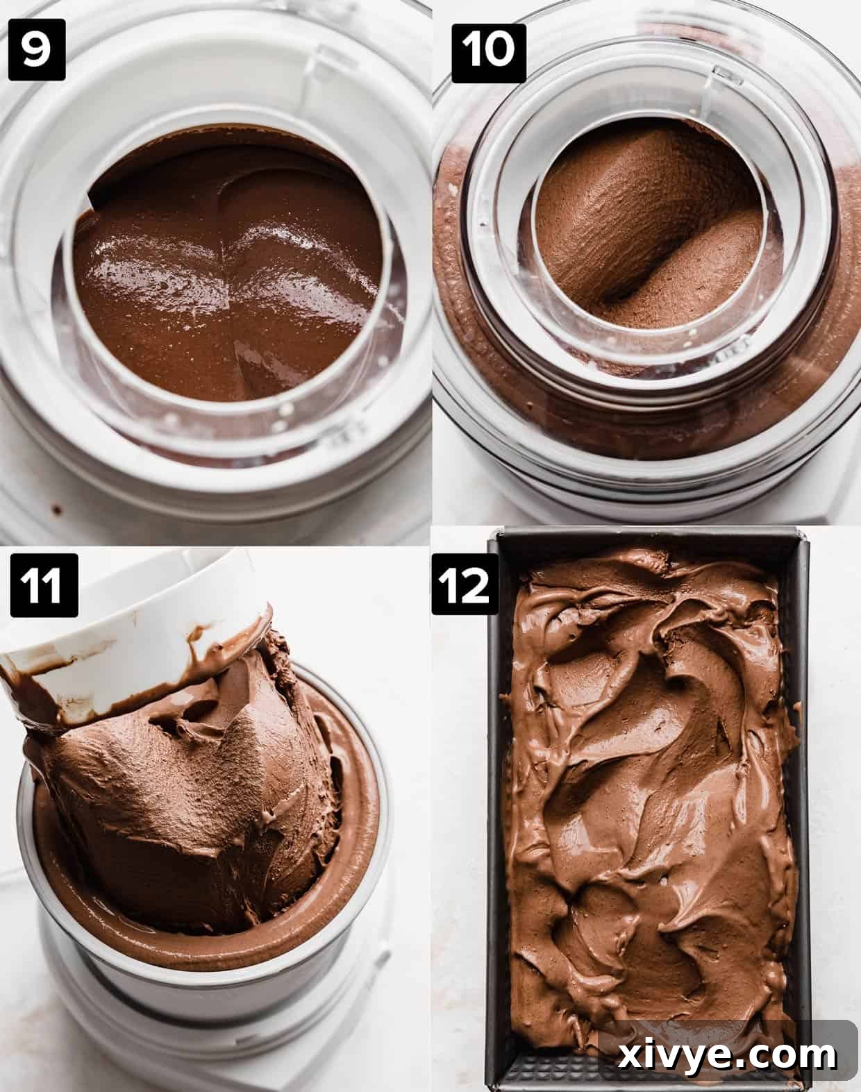 Four images showing how to make a creamy, custard-based dark chocolate ice cream with an ice cream maker, emphasizing the churning process and the irresistible final product. 