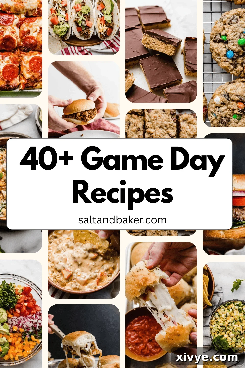 A collage of game day recipes from main dishes to appetizers, cookies, and dessert recipes.