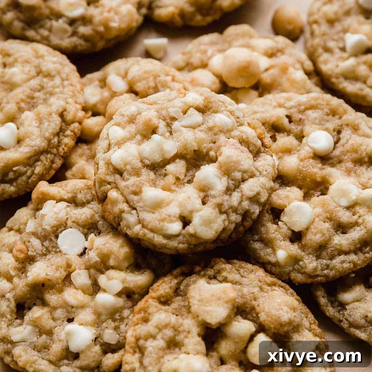 A small stack of White Chocolate Macadamia Nut Cookies.