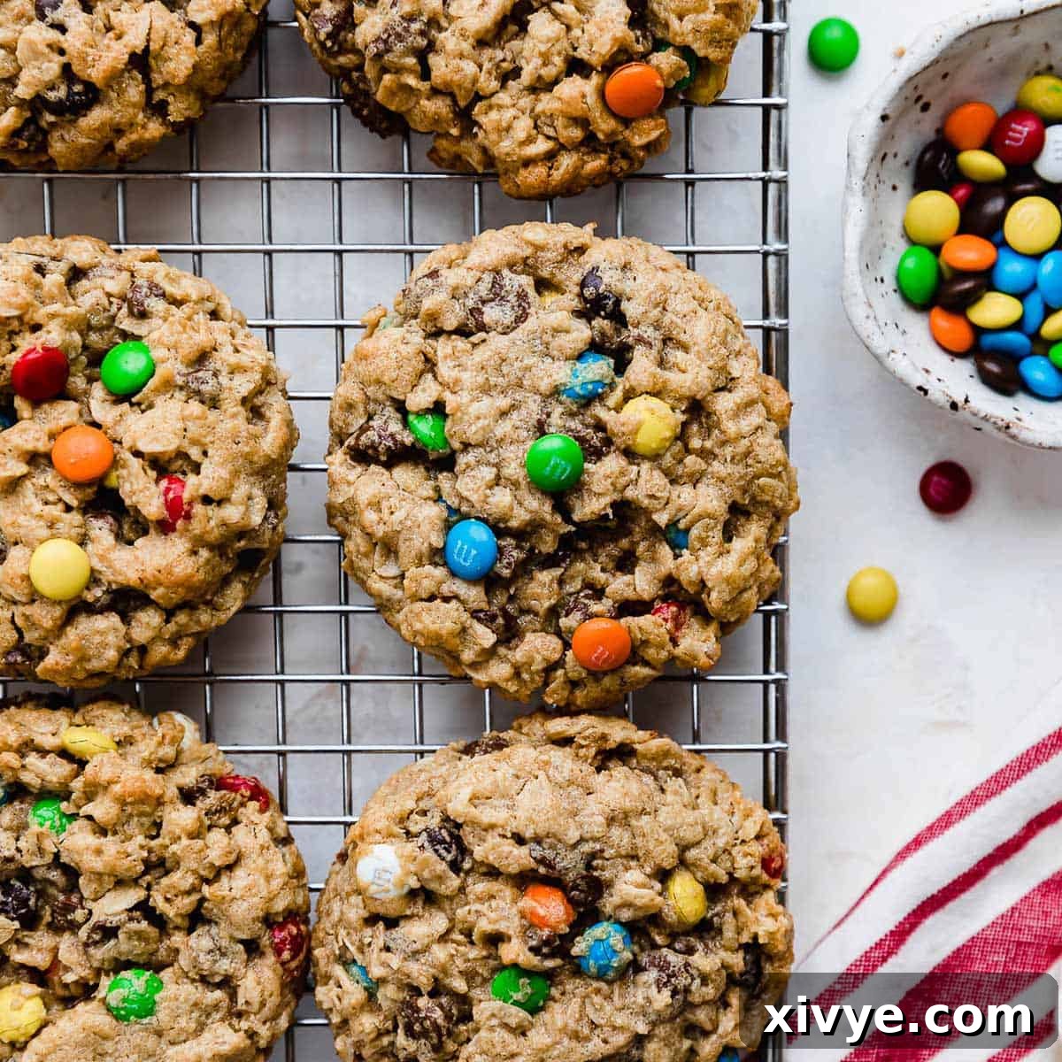 The best monster cookies topped with colorful mini M&M's and filled with rolled oats.