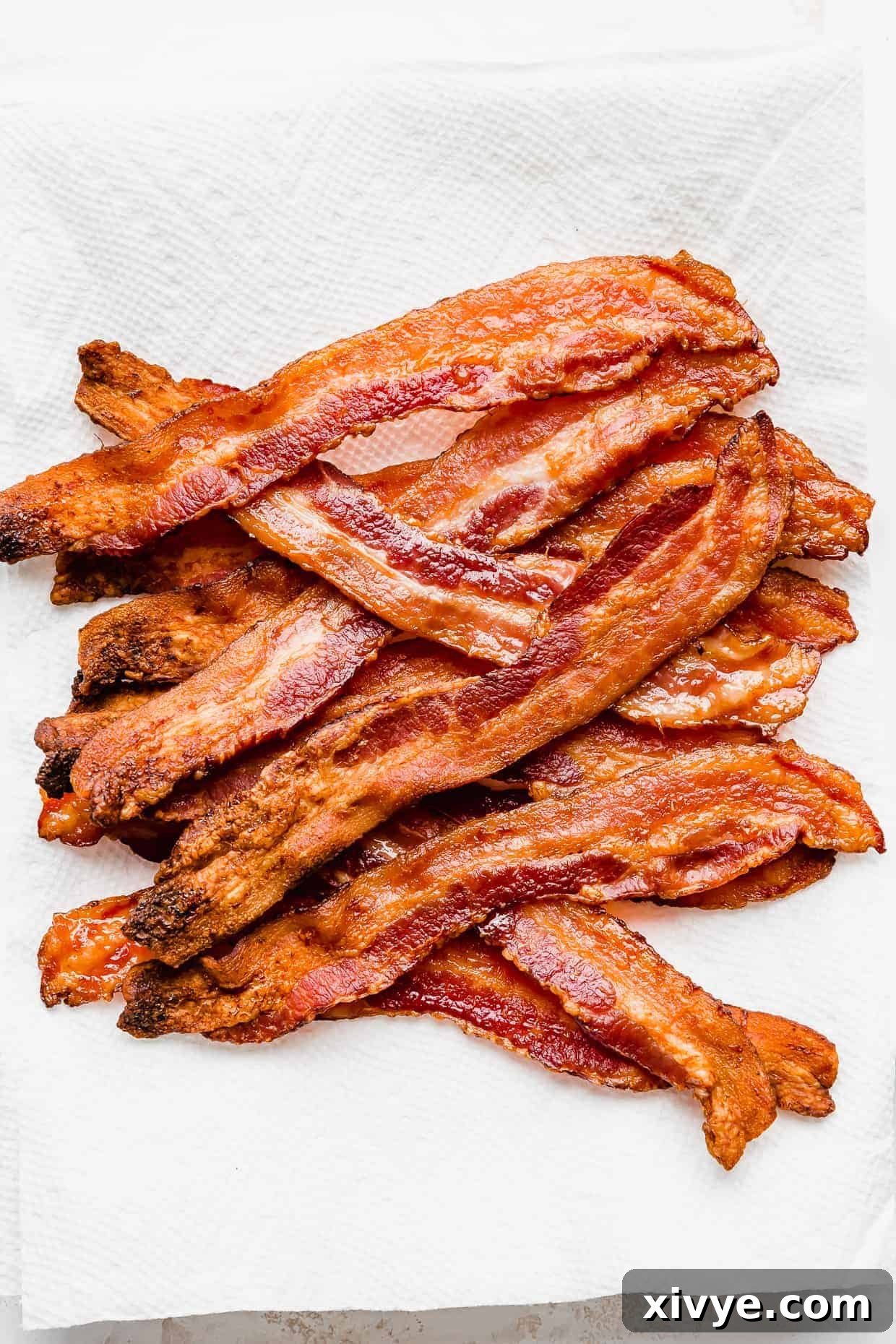 The Secret to Perfectly Crispy Oven Bacon 2 Crispy strips of perfectly cooked bacon resting on a white paper towel-lined plate, ready to be served.