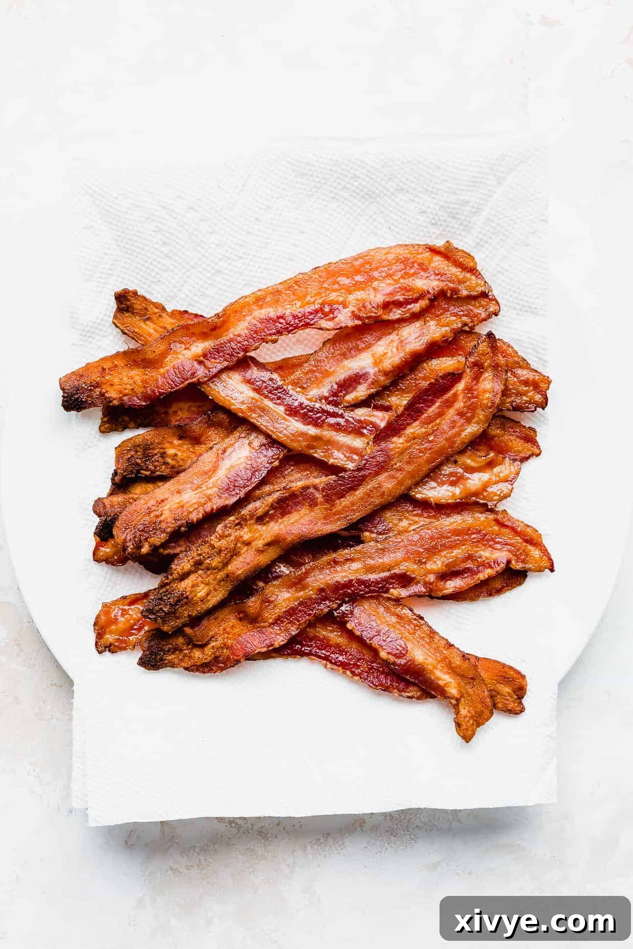 The Secret to Perfectly Crispy Oven Bacon 7 A perfectly cooked plate of crispy bacon, glistening golden brown, ready for a delicious meal.