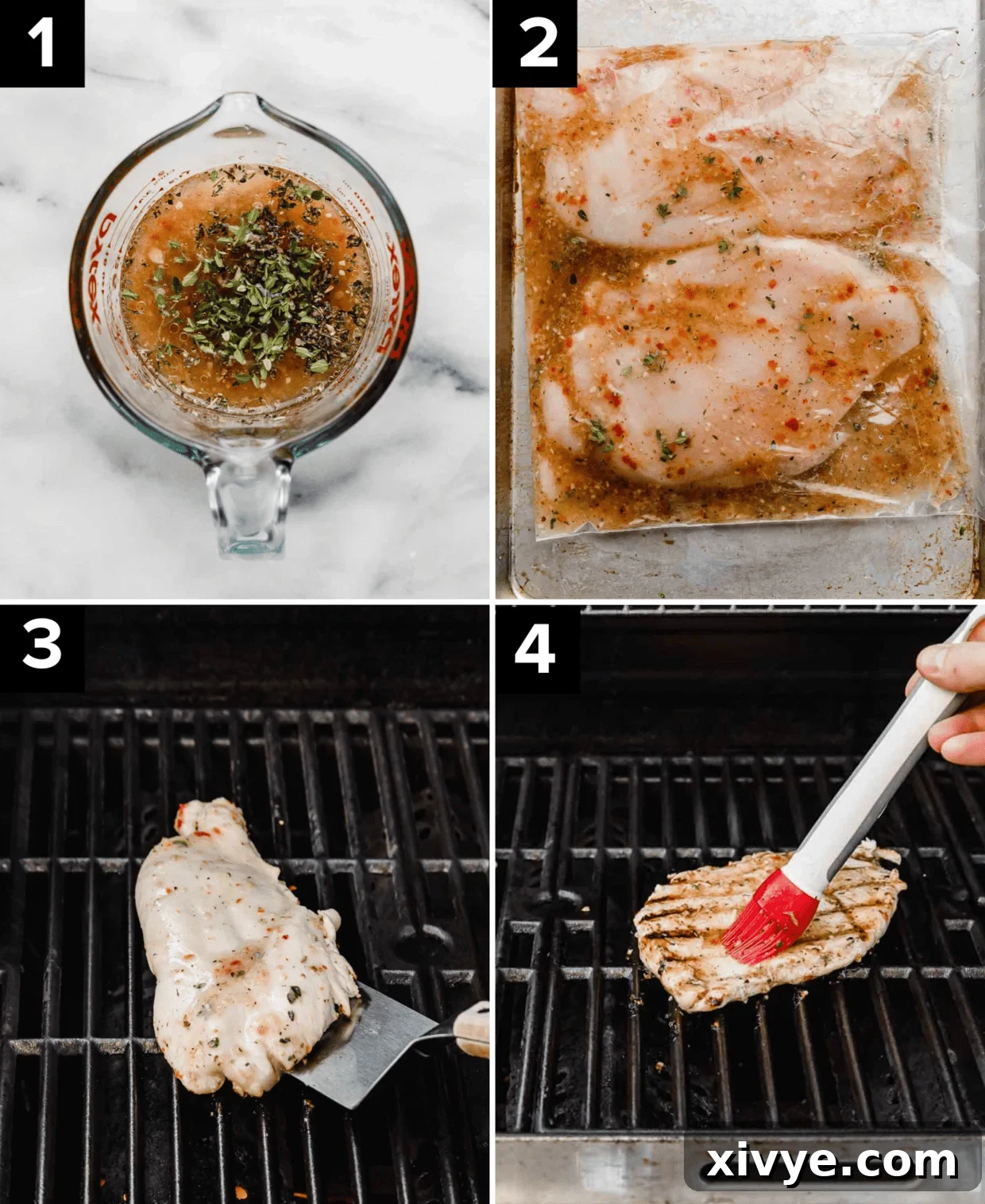 Tuscan Grilled Chicken 4 Four photos showing how to make Italian Grilled Chicken, top left image is Italian dressing and seasoning in a glass cup, top right image is chicken and Italian chicken marinade in a ziplock bag, bottom left is chicken on a grill, bottom right image is a basting brush basting a chicken breast.