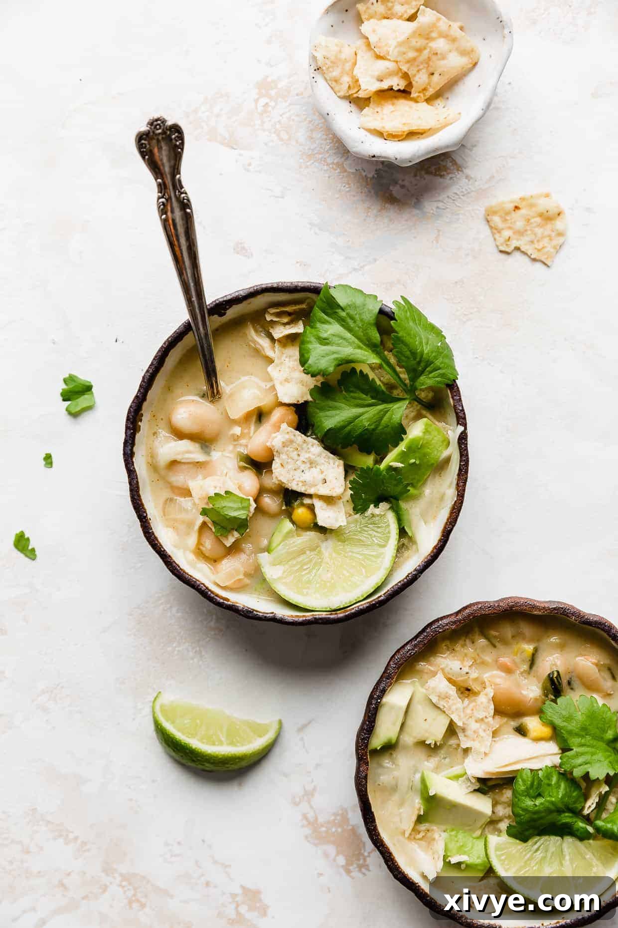 Creamy White Chicken Chili 7 A pristine bowl of Best White Chicken Chili, elegantly topped with fresh cilantro, a vibrant lime wedge, and crunchy tortilla chips, set against a clean white background.