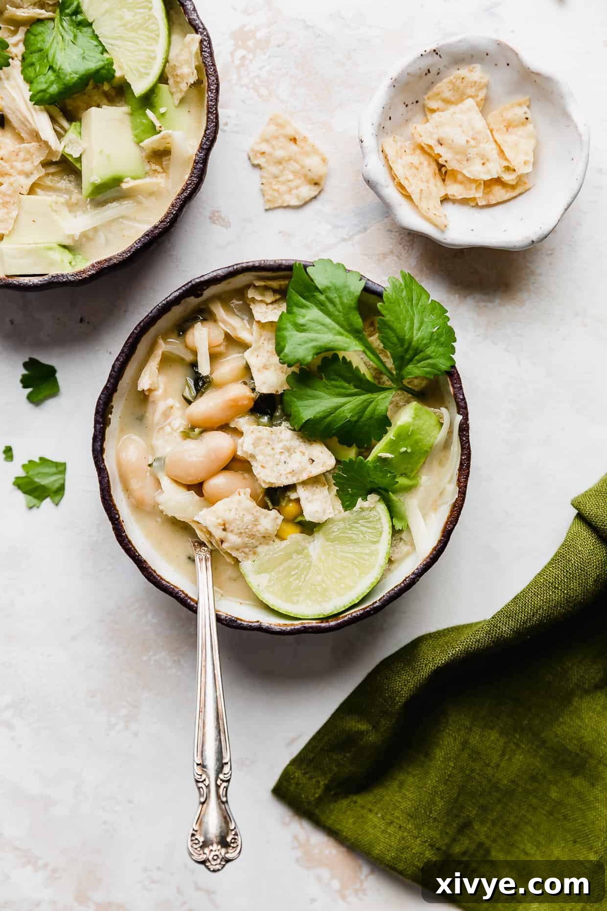 Creamy White Chicken Chili 8 A small, inviting bowl of white chicken chili with a spoon, poised against a clean white background, highlighting its simple elegance.